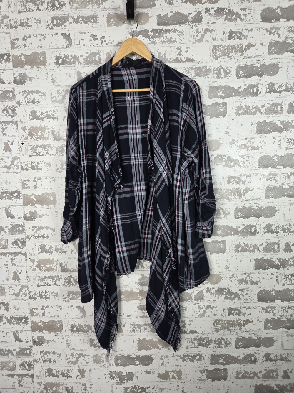 Lane Bryant Boho Plaid Waterfall Cardigan Plus Open Front Fringe Draped Topper